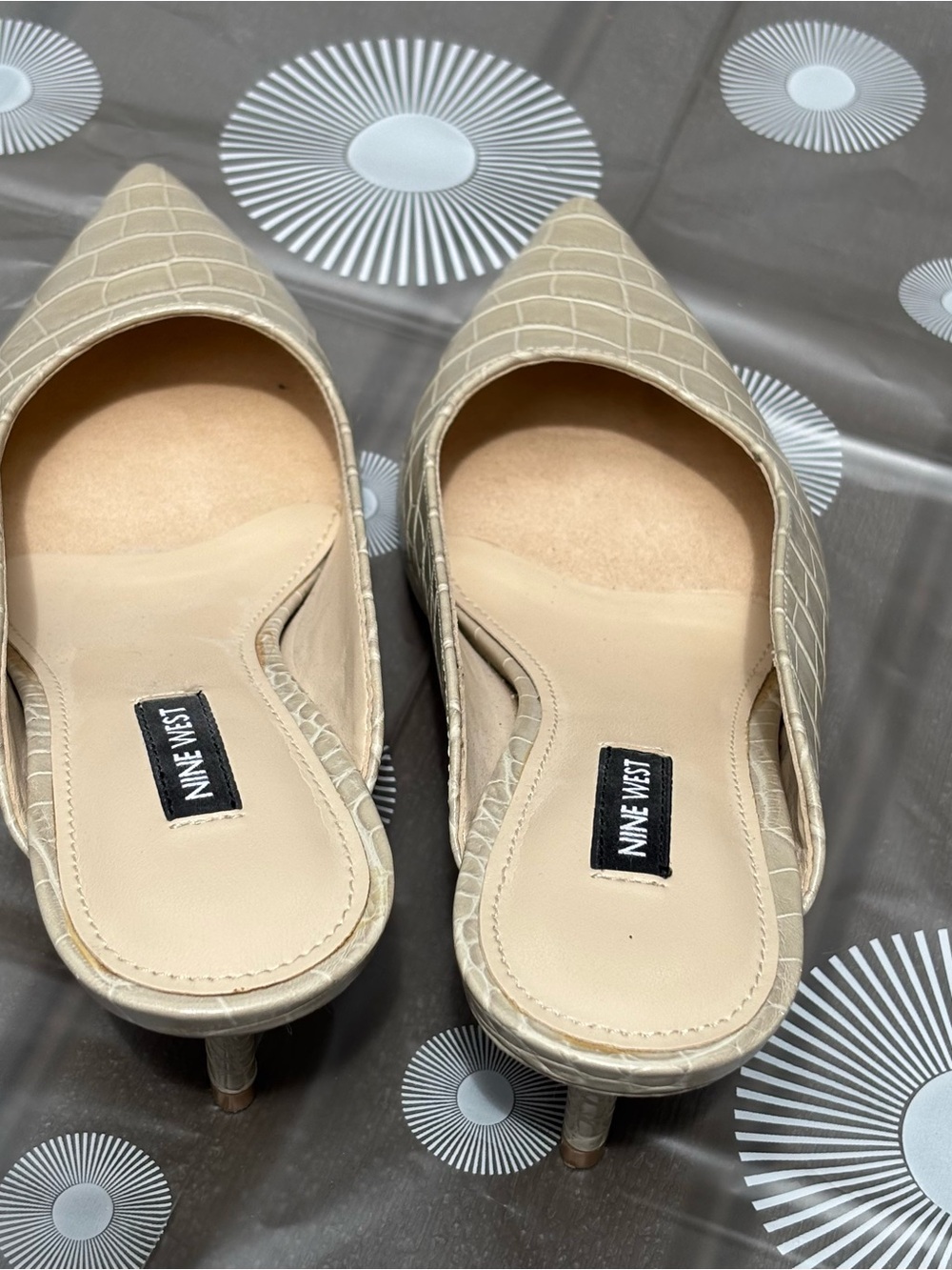Nine West Taupe Croc-Embossed Angle Pointed Toe Slip-On Heeled Mules - Picture 5 of 16